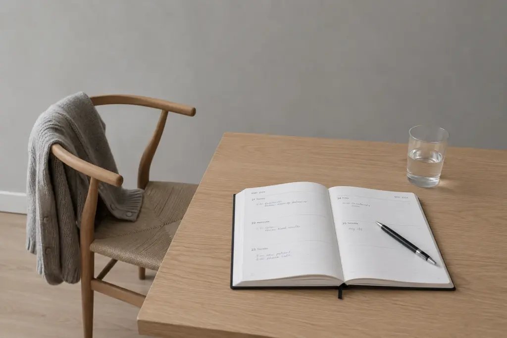Cadeira e caderno de apoio numa sala de consulta luminosa