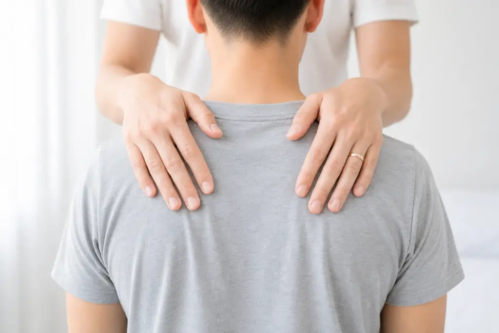 Mãos pousadas sobre os ombros, em fundo claro