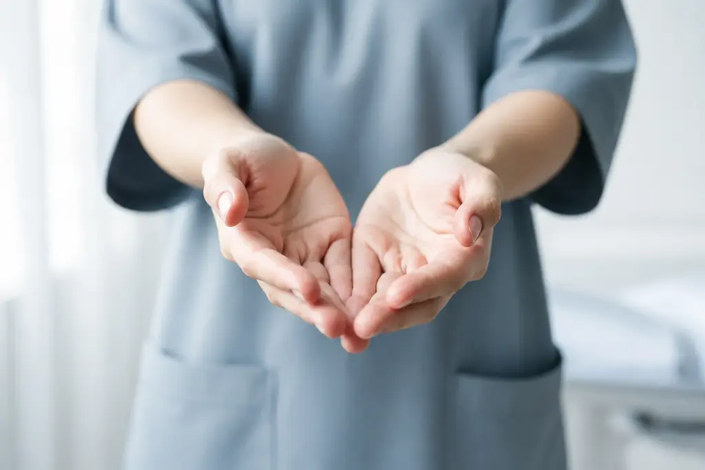 Mãos abertas em gesto de acolhimento, em fundo claro