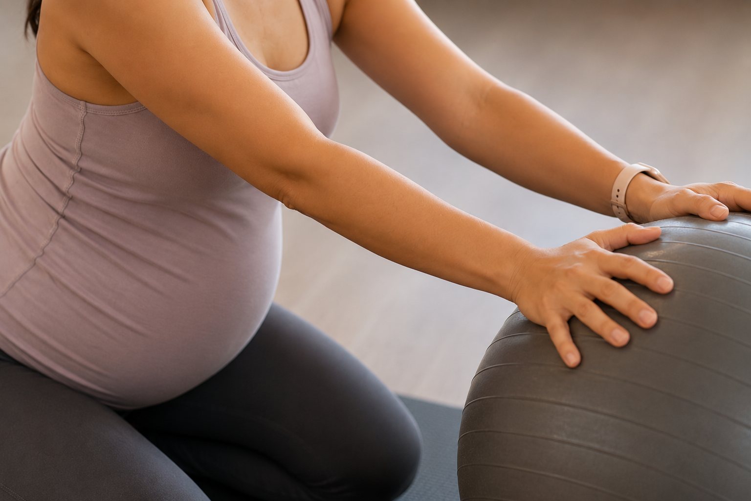 Grávida ajoelhada com as mãos apoiadas numa bola de Pilates