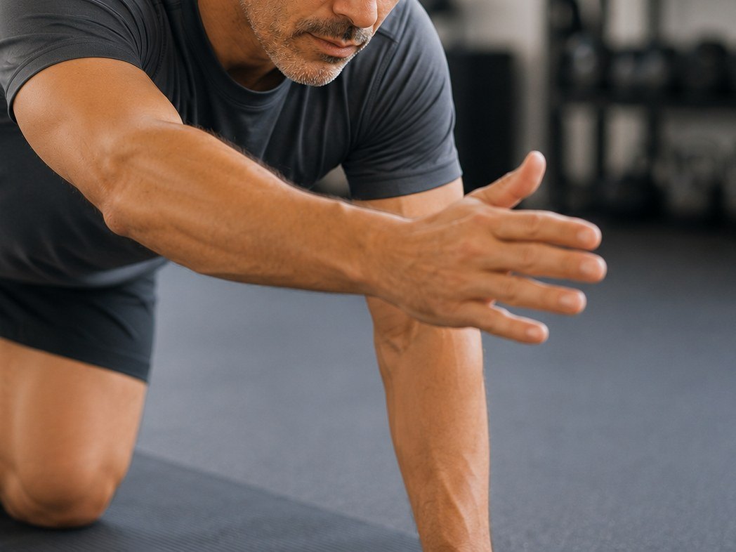 Praticante em quadrupedia com o braço estendido, numa aula de Yoga Funcional da OSTEOENERGY