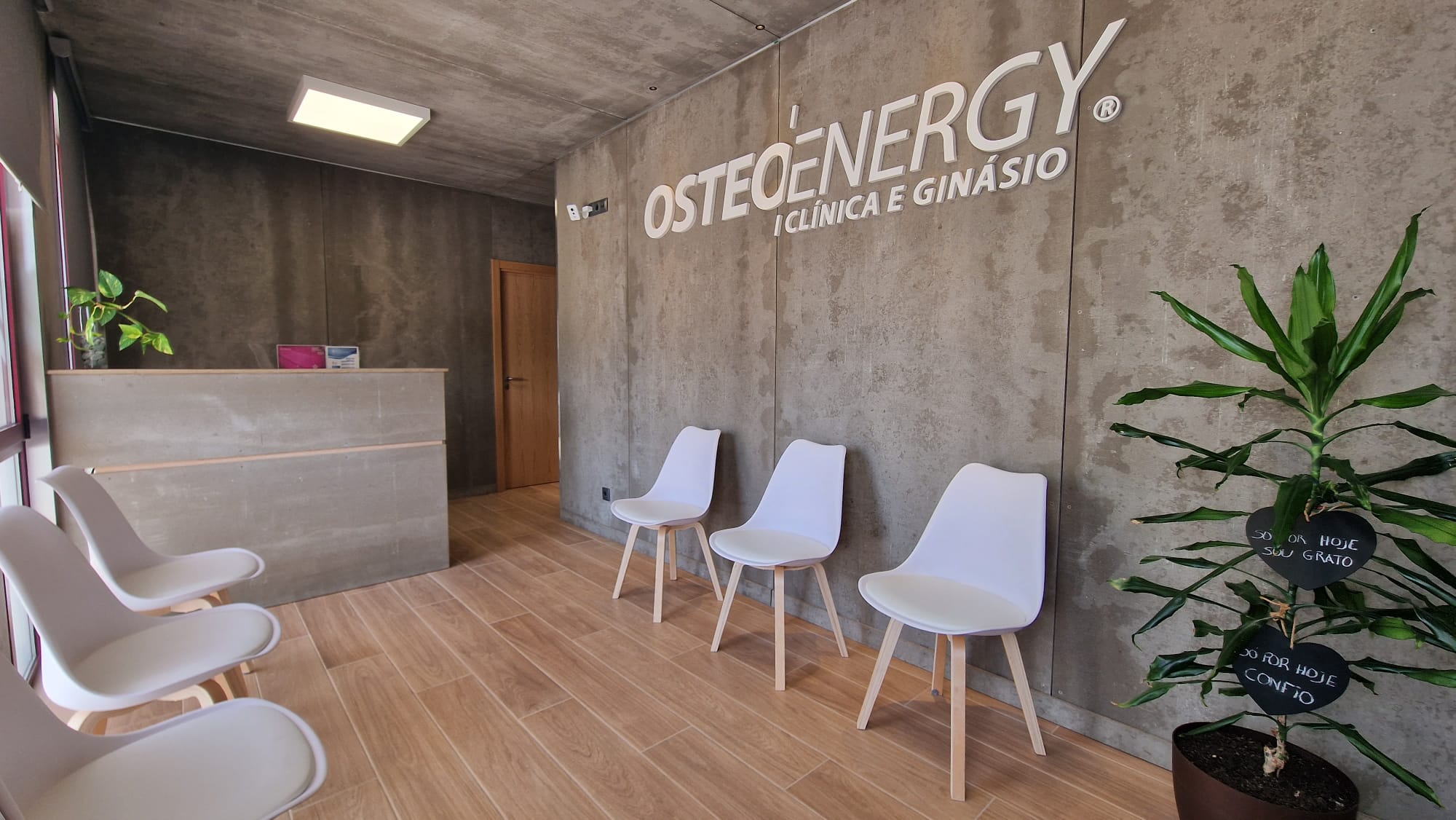 Receção da Clínica Osteoenergy, com o logótipo em relevo na parede de betão