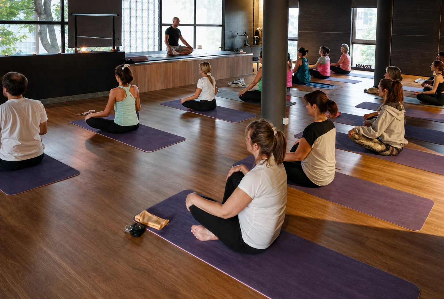 Aula de grupo no estúdio OSTEOENERGY em Évora — yoga e modalidades de exercício acompanhado
