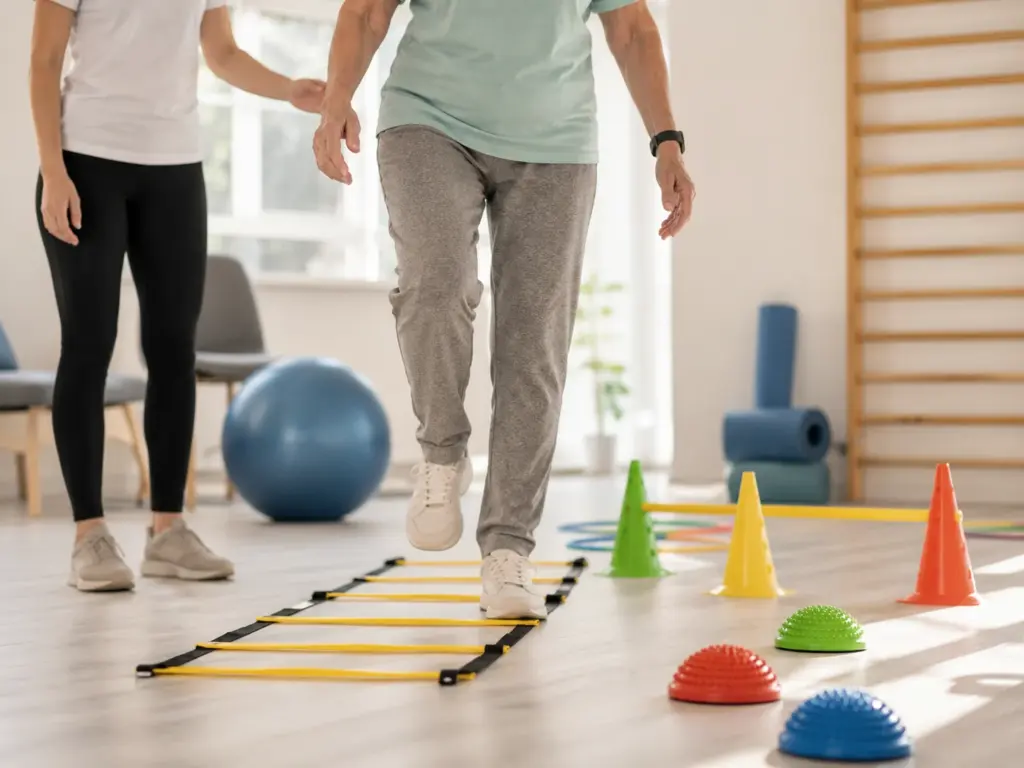 Circuito com escada de agilidade, cones e discos de equilibrio, com acompanhamento