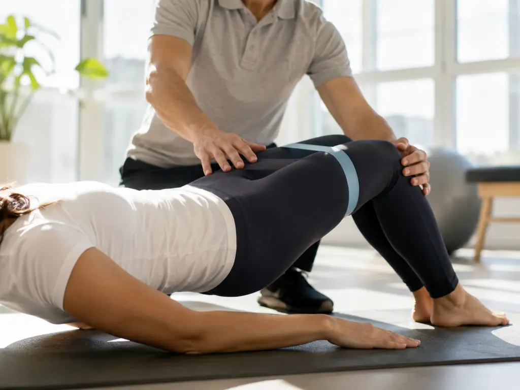 Profissional a guiar um exercício com banda elástica