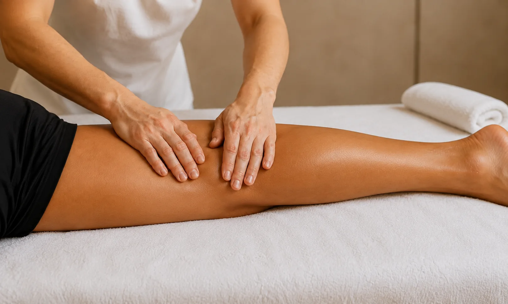 Massagem desportiva à coxa, com as duas mãos da terapeuta sobre o quadríceps