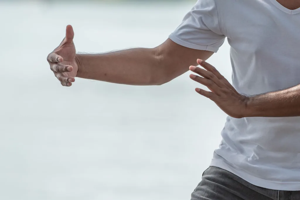 Prática de Tai Chi Chuan ao ar livre, com o movimento lento dos braços